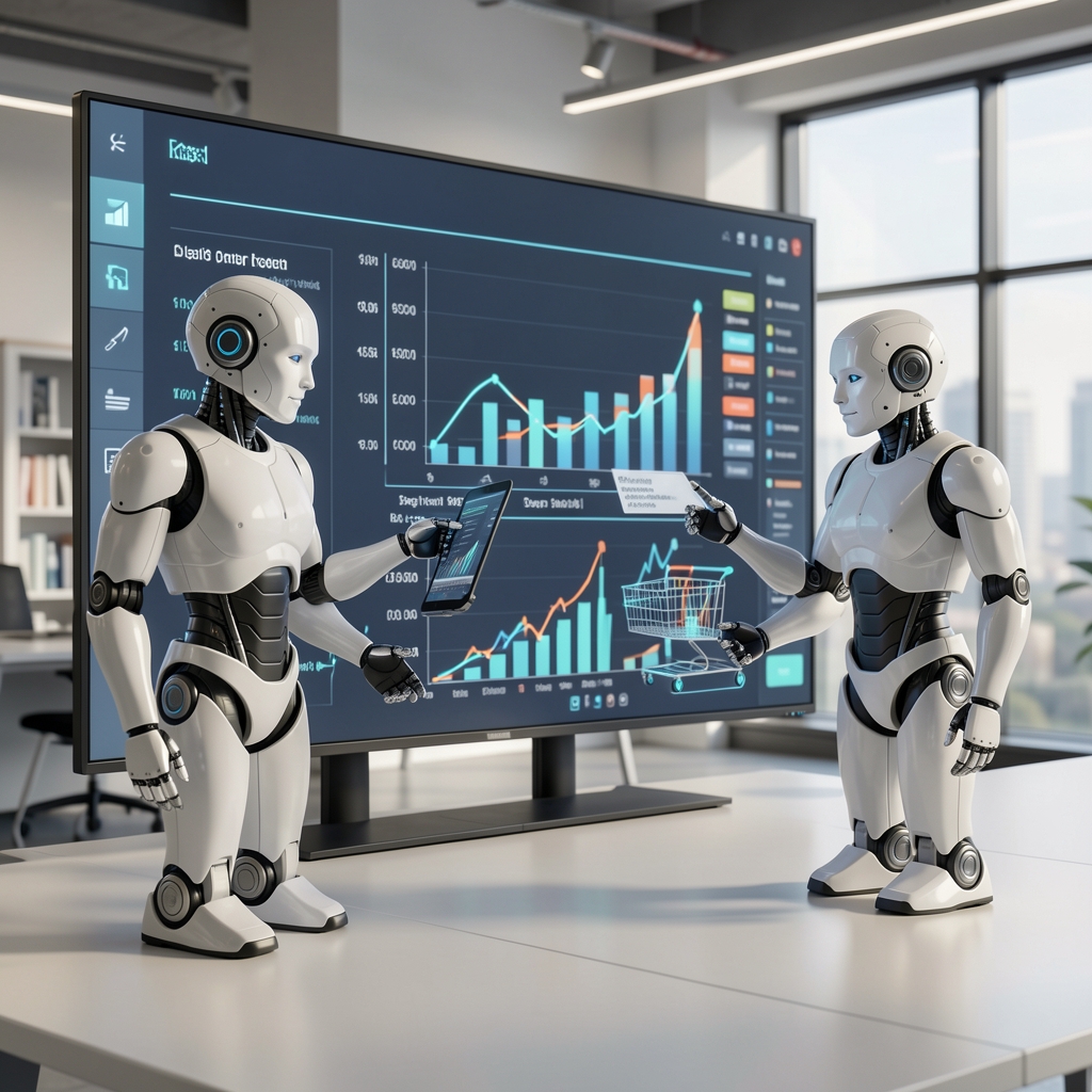 Vizuelizacija veštačke inteligencije u e-commerce: roboti i algoritmi analiziraju podatke o kupcima na digitalnom ekranu