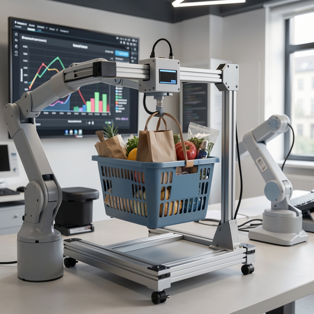 Primena veštačke inteligencije u e-commerce sektoru sa robotskim ramom koji drži korpu za kupovinu i grafikonima mašinskog učenja u pozadini