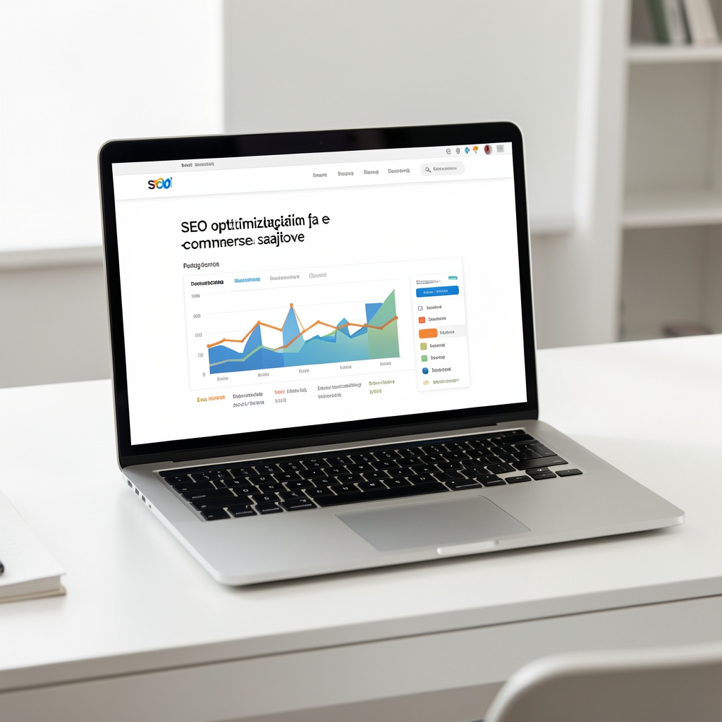 SEO optimizacija za e-commerce sajtove prikazana kroz istraživanje ključnih reči i grafikone rangiranja na laptopu na čistom belom radnom stolu