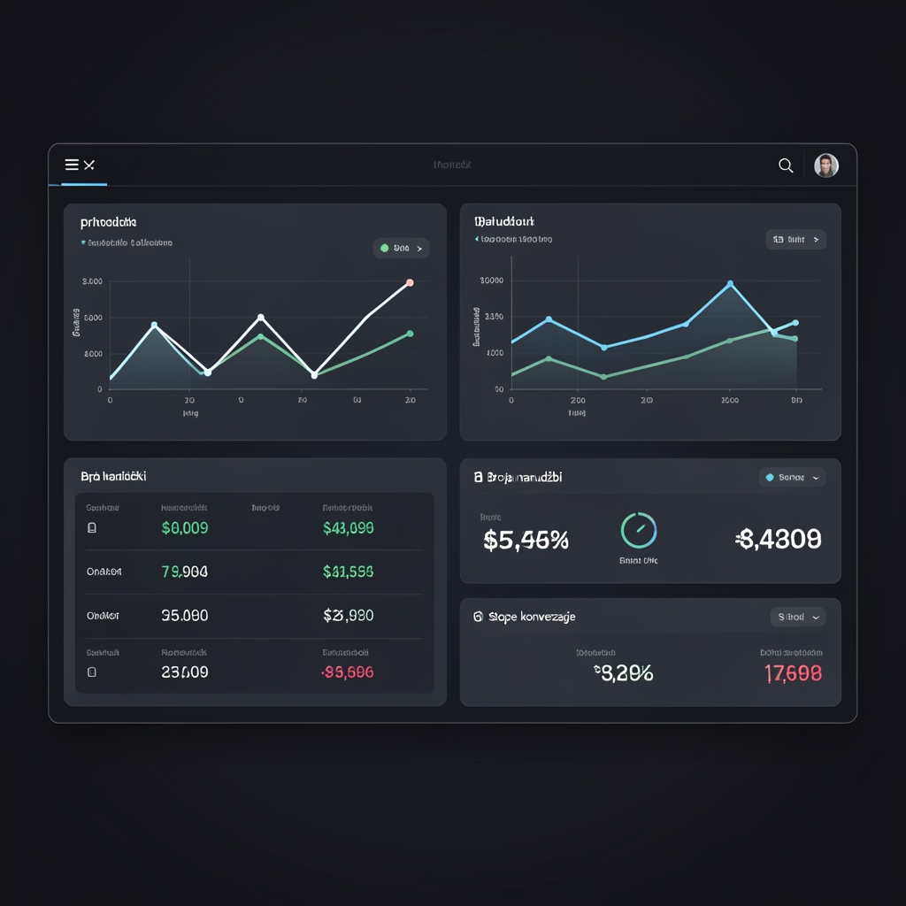 Analitički dashboard sa grafikonima prihoda, broja narudžbi i stope konverzije, tamna pozadina sa svetlim linijama
