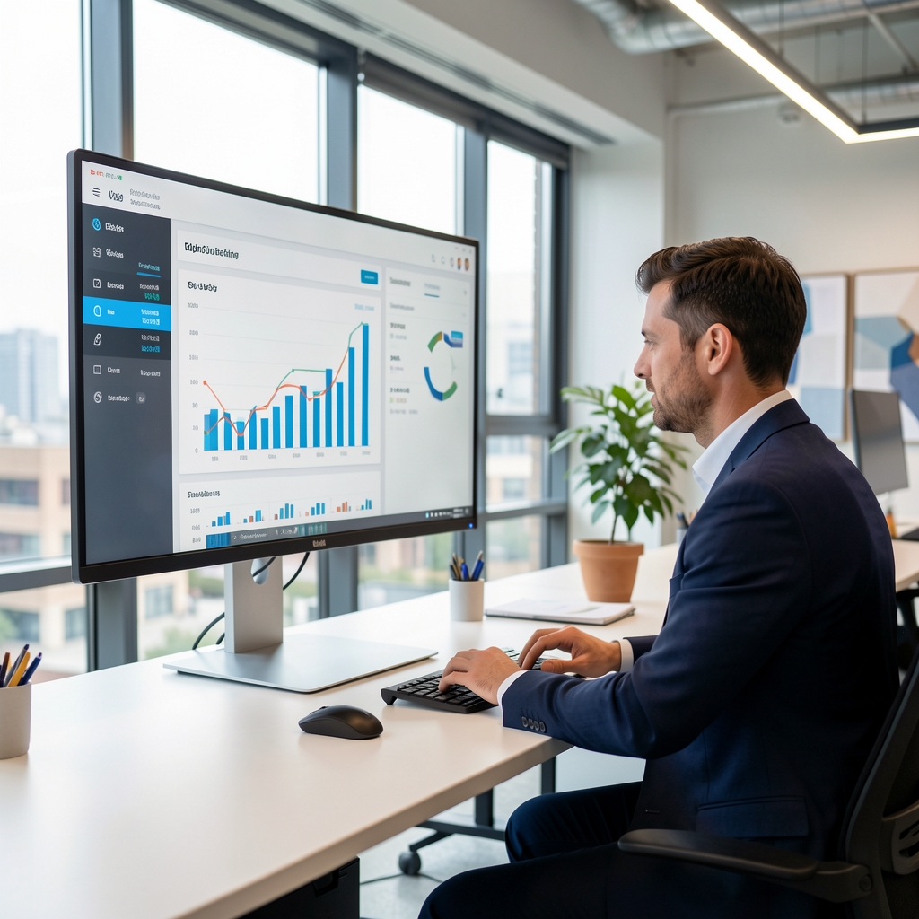 Marketing tim koji analizira digitalne kampanje na velikom monitoru sa prikazom Google Analytics podataka i KPI grafikona u modernoj kancelariji
