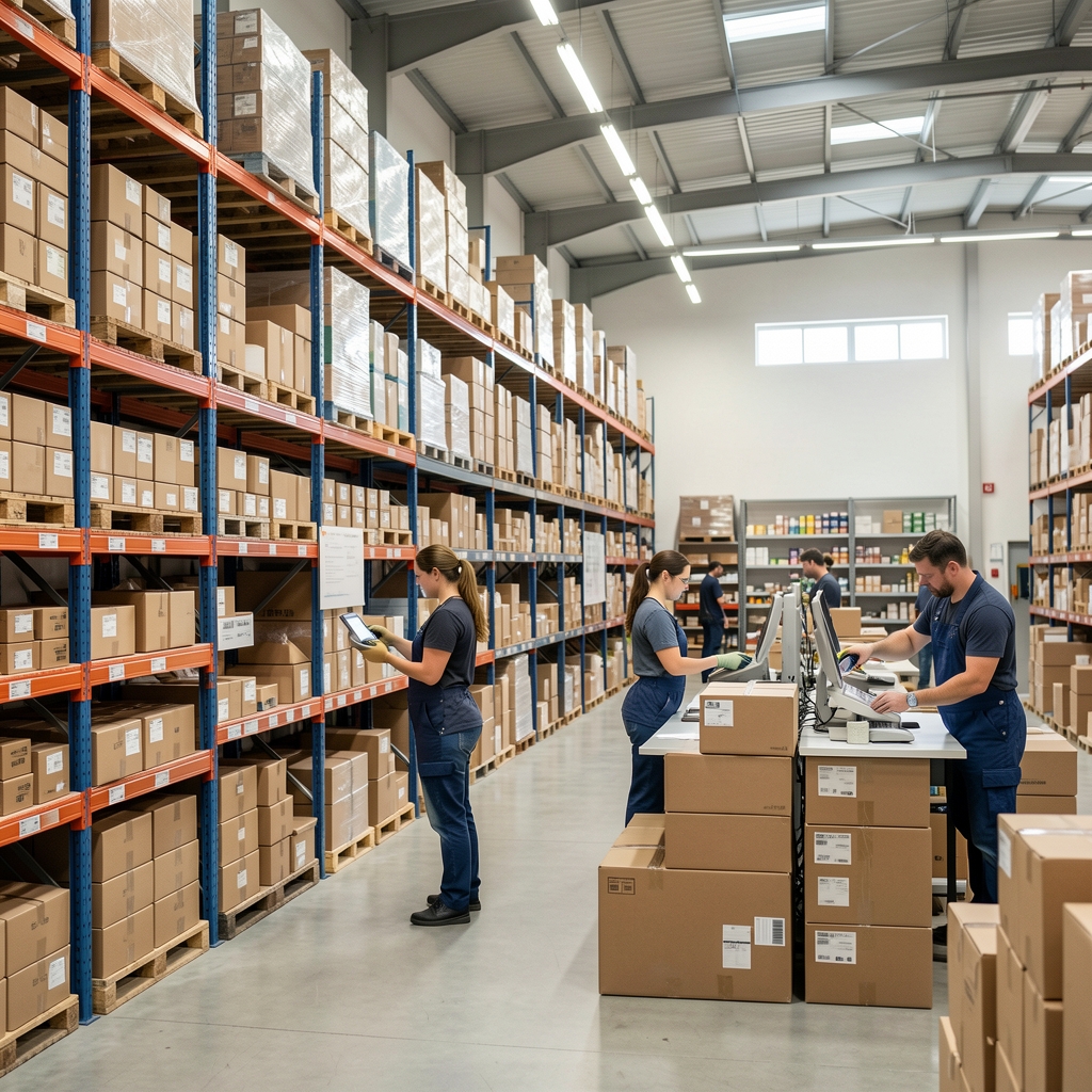 Moderni e-commerce skladišni prostor sa organizovanim policama prepunim paketa i radnicima koji skeniraju barkodove za pripremu isporuke